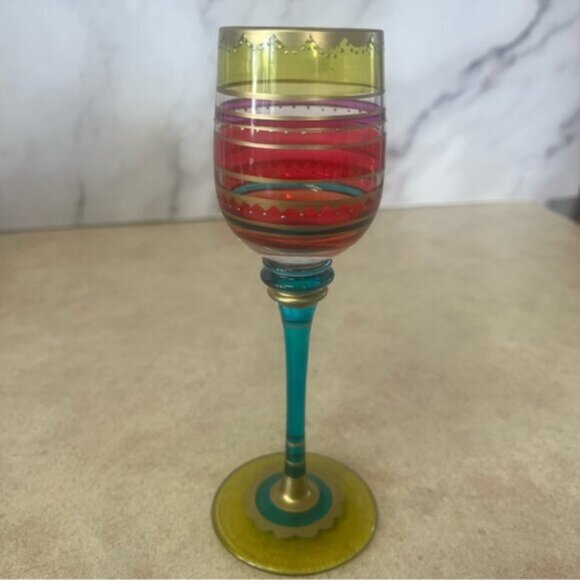 Pier 1 Multi-Color Hand Painted Jewel Toned Long Stem Glasses Set 6 - Picture 4 of 12